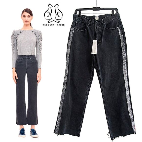 REBECCA TAYLOR LA VIE NEW Glitter Tuxedo Stripe Ankle Kick Flare Jean 30